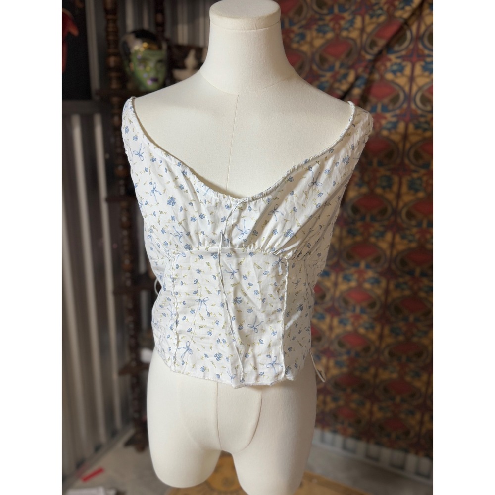 Floral Corset Tank Top Self Esteem White Blue Womens‎ Size L Cottagecore